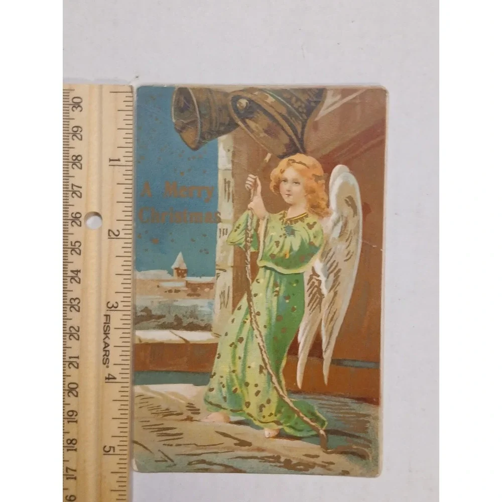 Postcard Merry Christmas Angel Green Dress Ringing Bells Snow‎ S Dattilo & Co C